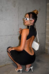 Black High Neck Cut Out Open Back Midi Dress