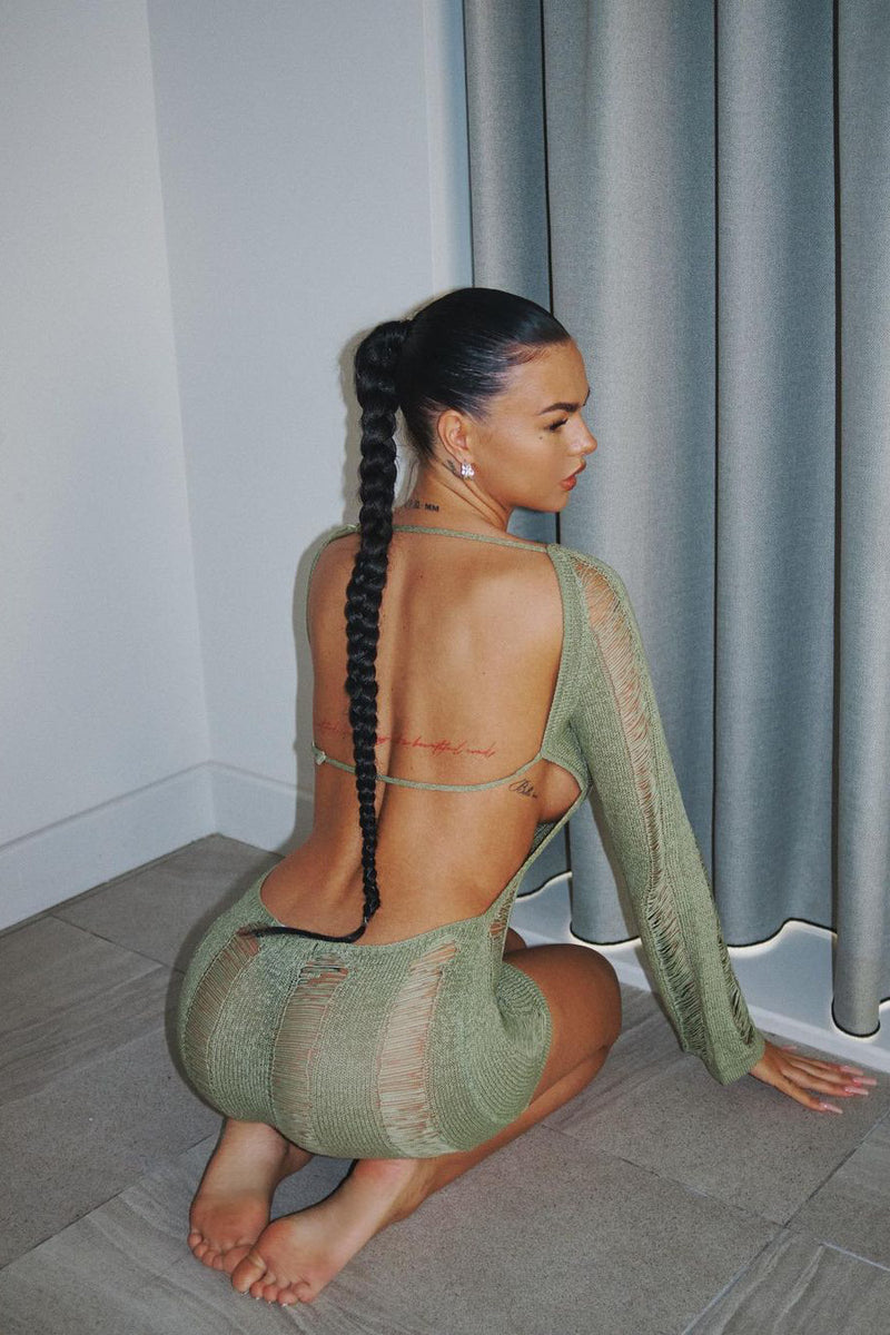 Khaki Shredded Backless Long Sleeve Knit Mini Dress