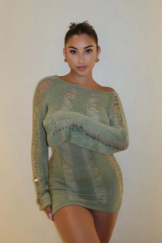Khaki Shredded Backless Long Sleeve Knit Mini Dress