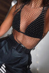 Black Diamante Mesh Fishnet Crop Top