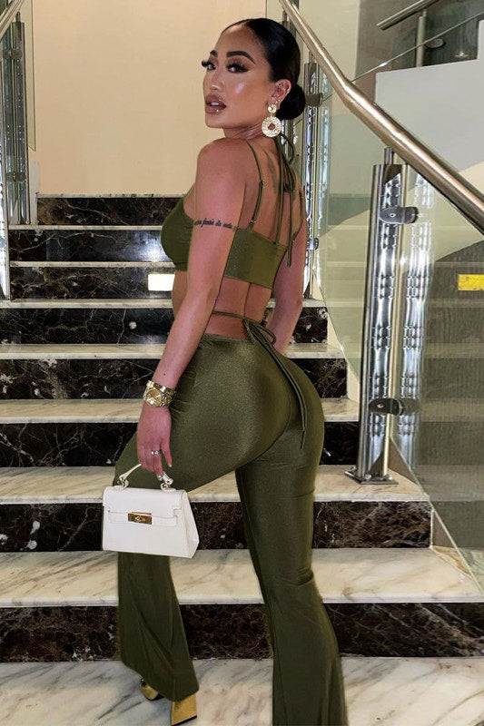 Olive Halter Tie Detail Crop Top & Flare Trousers Set