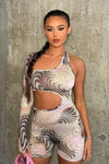 Pink Abstract Print One Shoulder Cut Out Playsuit
