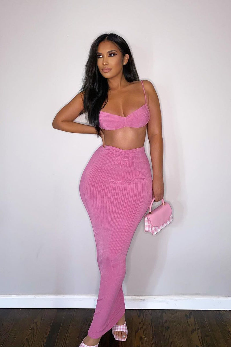 Pink Slinky Ribbed Crop Top & Maxi Skirt Co-Ord