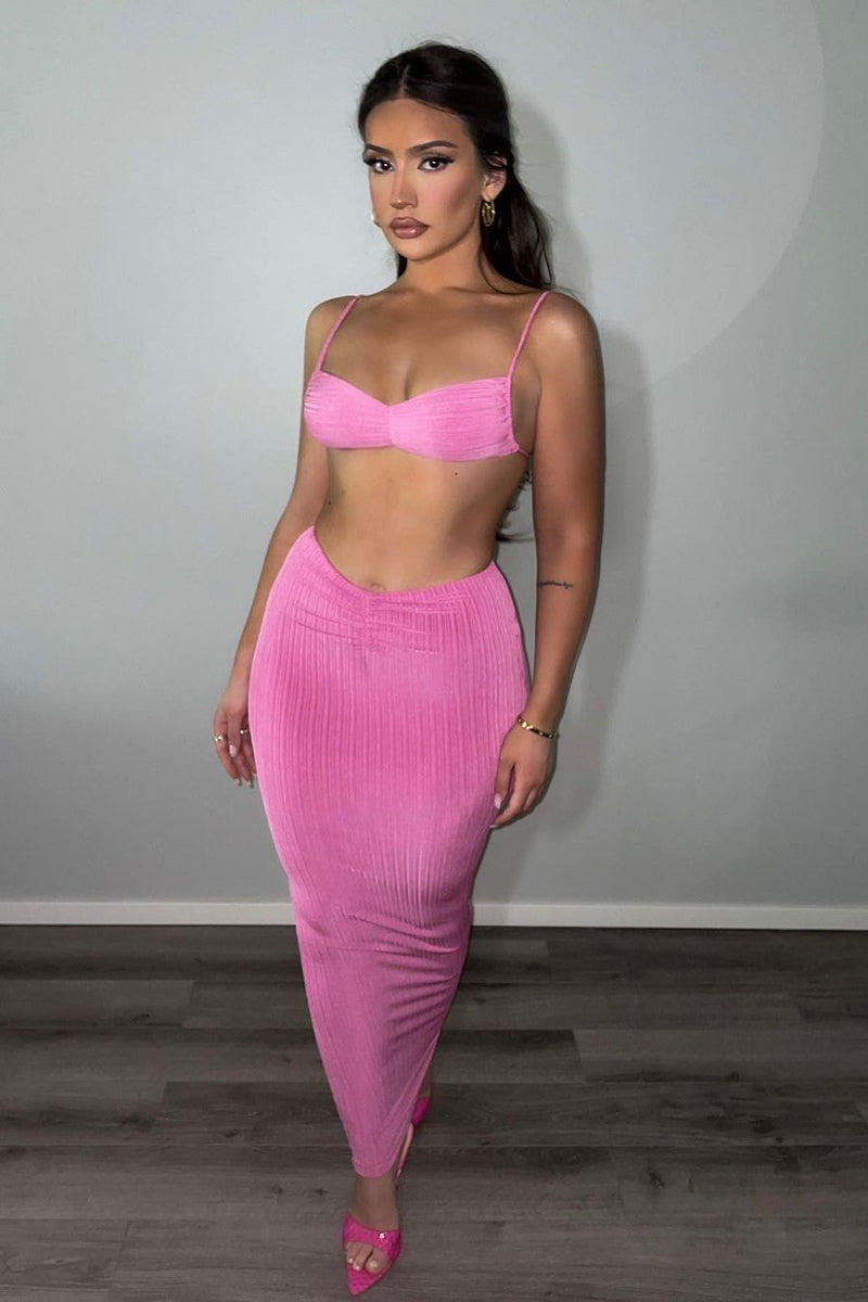 Pink Slinky Ribbed Crop Top & Maxi Skirt Co-Ord