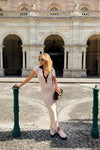 Beige Contrast Collar Ribbed Knit Midi Dress