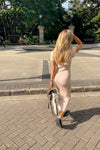 Beige Contrast Collar Ribbed Knit Midi Dress