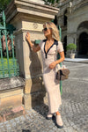 Beige Contrast Collar Ribbed Knit Midi Dress