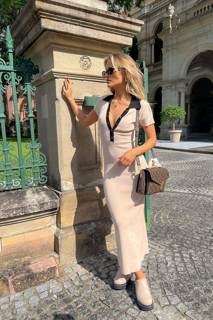 Beige Contrast Collar Ribbed Knit Midi Dress