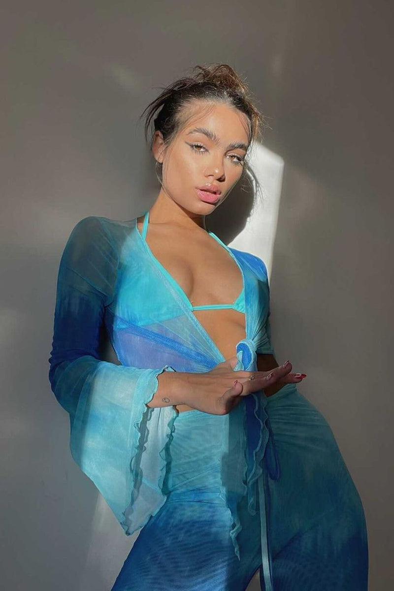 Blue Mesh Tie Dye Crop Top & Mini Skirt Co-Ord