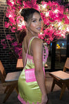Yellow Satin Lace Trim Slip Mini Dress