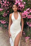 White Halter Neck Thigh Split Maxi Dress