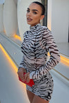 Zebra Print Mesh High Neck Ruched Mini Dress