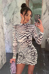Zebra Print Mesh High Neck Ruched Mini Dress