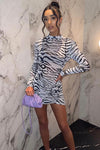 Zebra Print Mesh High Neck Ruched Mini Dress