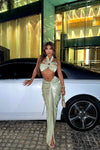 Light Sage Satin Halterneck Ruched Detail Co-Ord Set