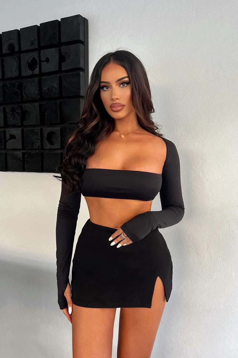 Black Square Neck Tie Back Crop Top & Mini Skirt