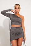 Grey Asymmetric Drawstring One Shoulder Top & Mini Skirt