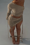 Mocha Asymmetric Drawstring One Shoulder Top & Mini Skirt