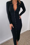 Black Ribbed Button Long Sleeve Polo Maxi Dress