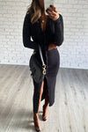Black Ribbed Button Long Sleeve Polo Maxi Dress