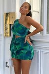 Green Printed One Shoulder Cut Out Mini Dress