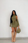 Khaki Chunky Knit Distressed Crop Top & Mini Skirt