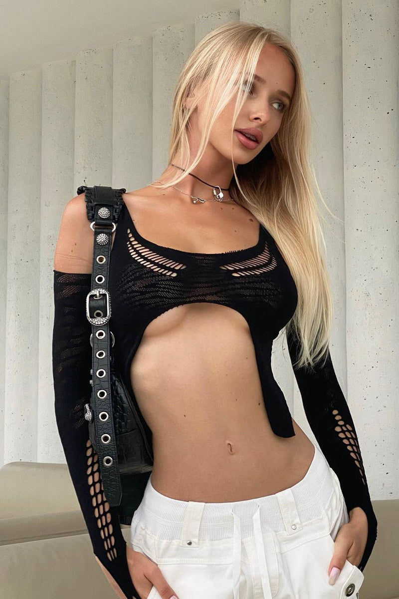 Black Mesh Zebra Detail Cut Out Crop Top