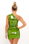 Green Metallic One Shoulder Ruched Mini Dress