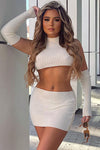 White Knitted Crop Top & Mini Skirt With Sleeves