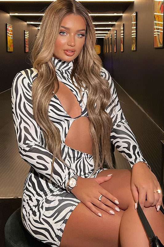 Zebra Print High Neck Cut Out Split Mini Dress