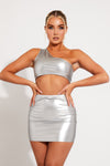 Silver Metallic One Shoulder Crop Top & Mini Skirt