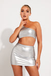 Silver Metallic One Shoulder Crop Top & Mini Skirt