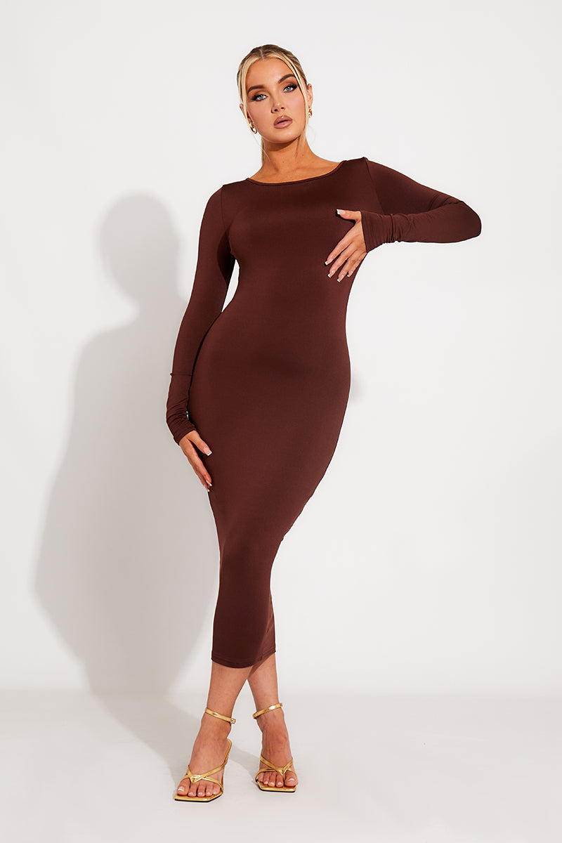 Brown Scoop Neck Backless Long Sleeve Midi Dress