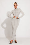 Grey Ribbed High Neck Seam Detail Split Maxi Dress