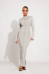 Grey Ribbed High Neck Seam Detail Split Maxi Dress