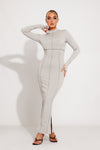 Grey Ribbed High Neck Seam Detail Split Maxi Dress