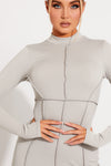 Grey Ribbed High Neck Seam Detail Split Maxi Dress