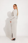 Grey Ribbed High Neck Seam Detail Split Maxi Dress