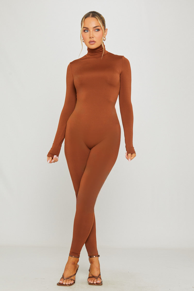 Brown Turtleneck Long Sleeve Jumpsuit