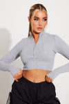 Grey Marl Ribbed Zip Detail Long Sleeve Crop Top