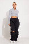 Black Cut Out Drawstring Parachute Cargo Pants