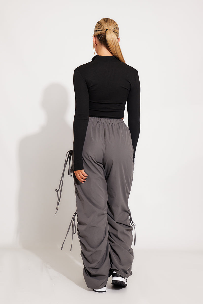 Grey Cut Out Drawstring Parachute Cargo Pants