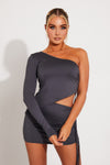 Grey Asymmetric One Shoulder Crop Top & Mini Skirt