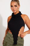 Black Knit Turtle Neck Open Back Crop Top
