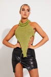 Green Knit Turtle Neck Open Back Crop Top
