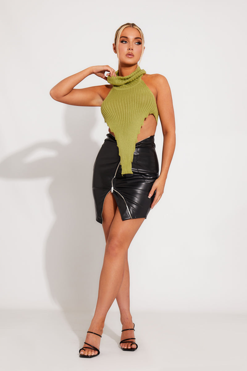 Green Knit Turtle Neck Open Back Crop Top