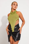 Green Knit Turtle Neck Open Back Crop Top