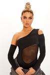 Black One Shoulder Mesh Cut Out Bodysuit