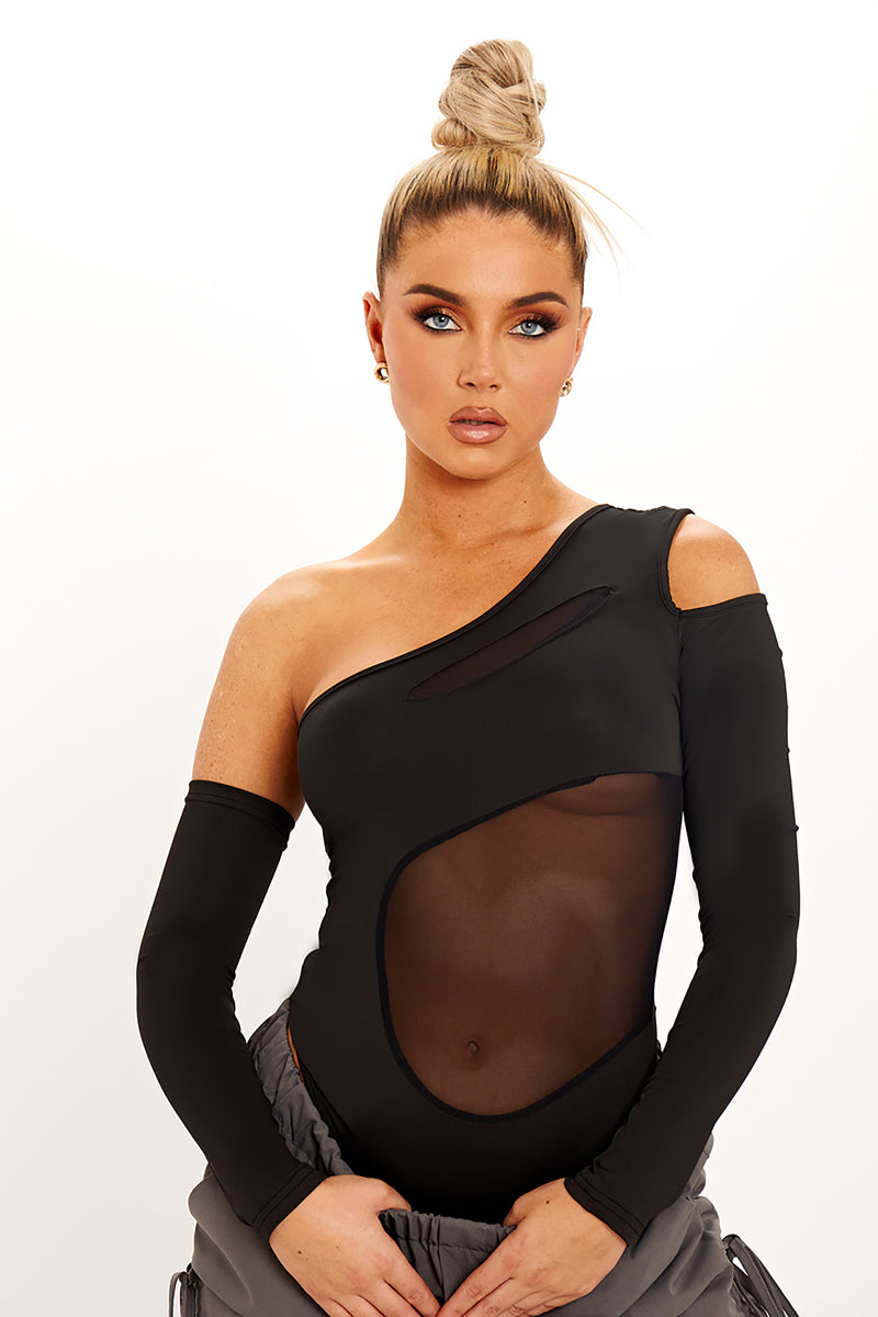 Black One Shoulder Mesh Cut Out Bodysuit