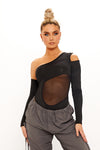 Black One Shoulder Mesh Cut Out Bodysuit